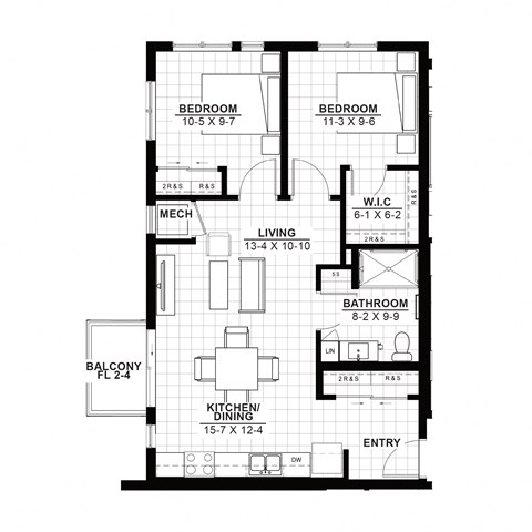 Floor plan for 2 beds, 1 bath, 1026 sqft